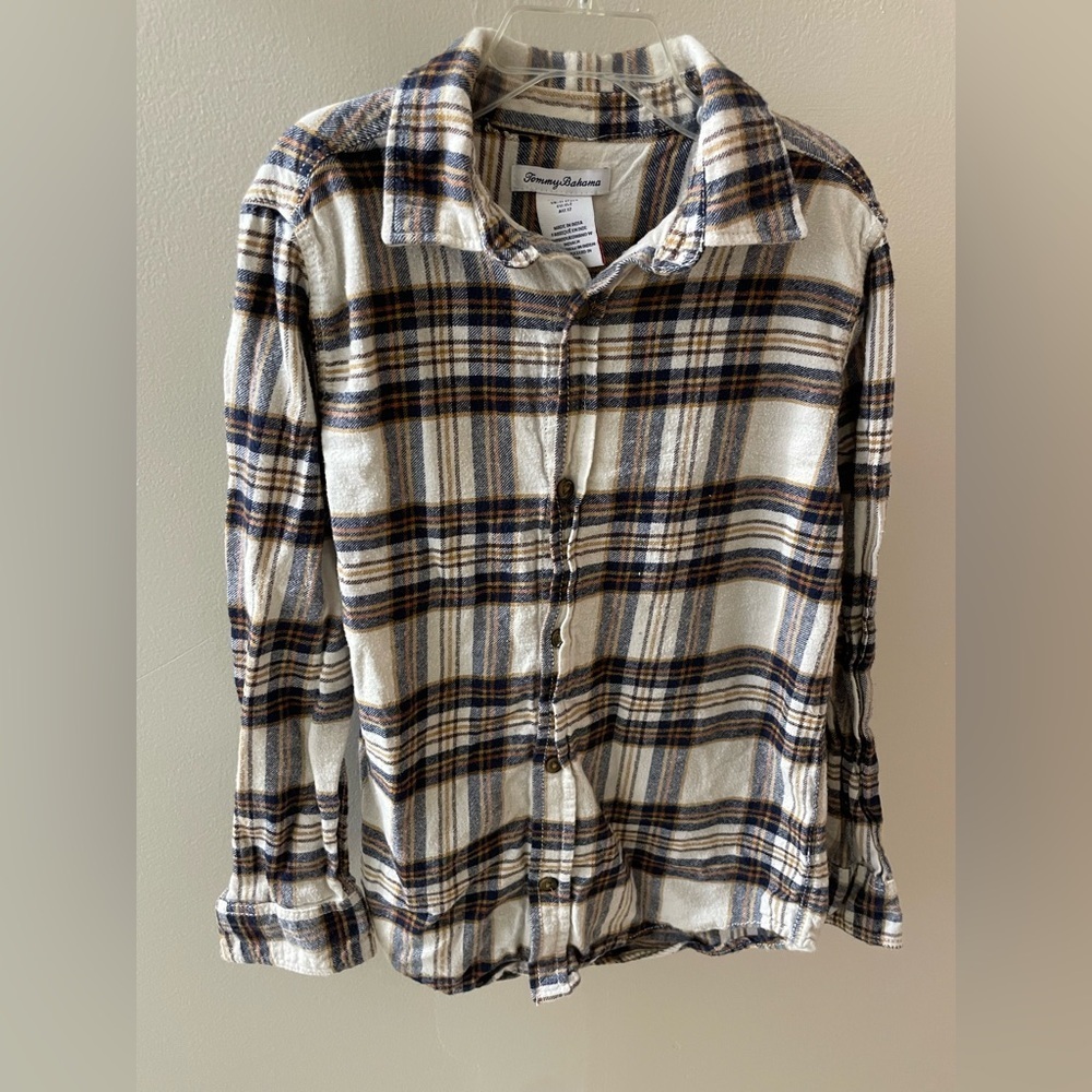 Tommy Bahama Cream and Blue Plaid flannel button up kids size 10/12